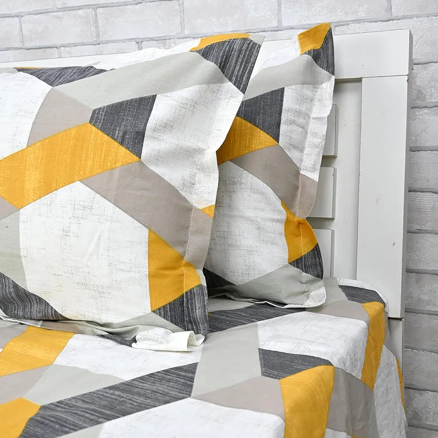 Divine Casa 144 TC Abstract Print Cotton Bedsheets for King Size Bed with 2 Pillow Covers Colour Greyochre