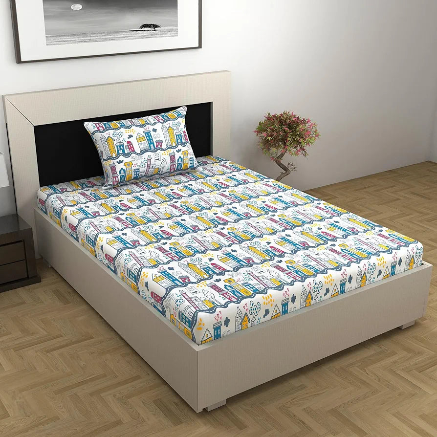 Divine Casa 144 TC 100% Cotton Single Bedsheet with 1 Pillow Cover Abstract PatternColour Heaven White
