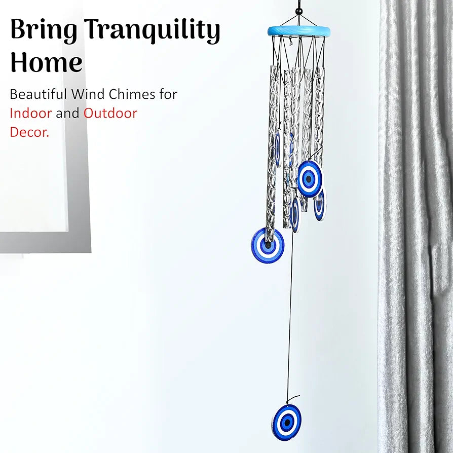 Evil Eye Wind Chimes for Living Room and Bedroom Silver 5-Pipe Wind Chime -013