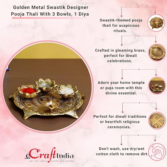 Ecraftindia Golden Metal Swastik Designer Pooja Thali With 3 Bowls and 1 Diya | Traditional Pooja Essential Set