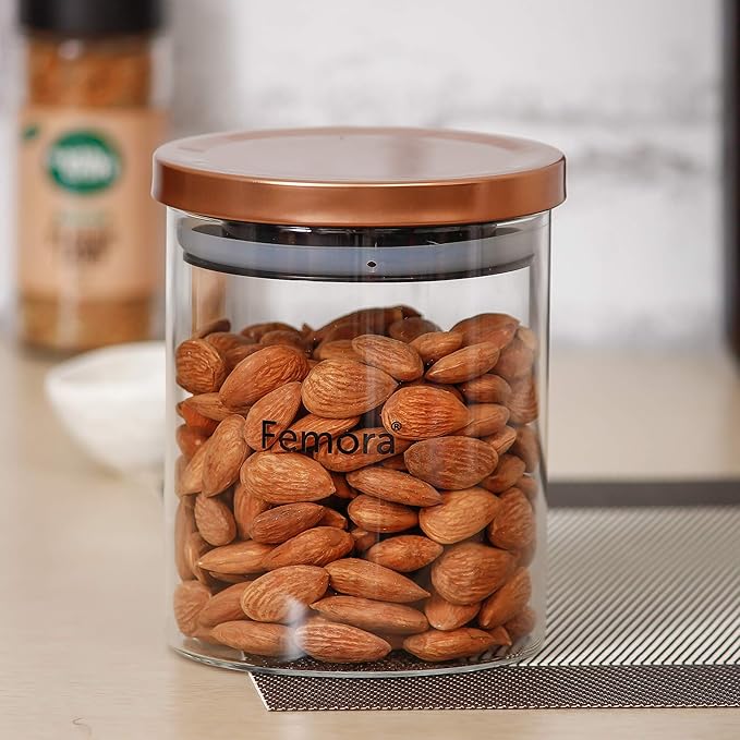 Femora Borosilicate Glass Jar With Golden Metallic Lid, Jars for Kitchen Storage | 600 Ml | Set of 3