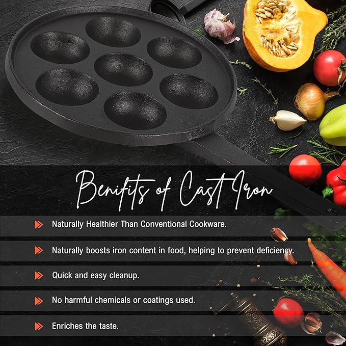 Solara Crownstone Premium Cast Iron Paniyaram Pan 7 Cavities, 20 Cm Appam Patra With Handle | Cast Iron Cookware