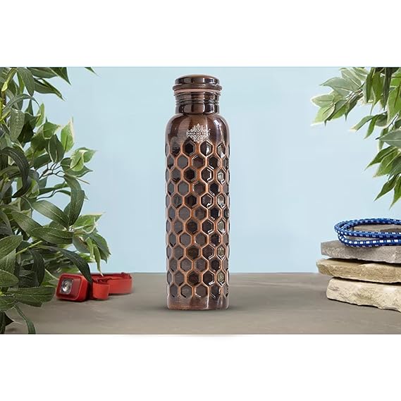 Indian Art Villa Pure Copper Water Bottle With Antique Dark Diamond Hammered Design