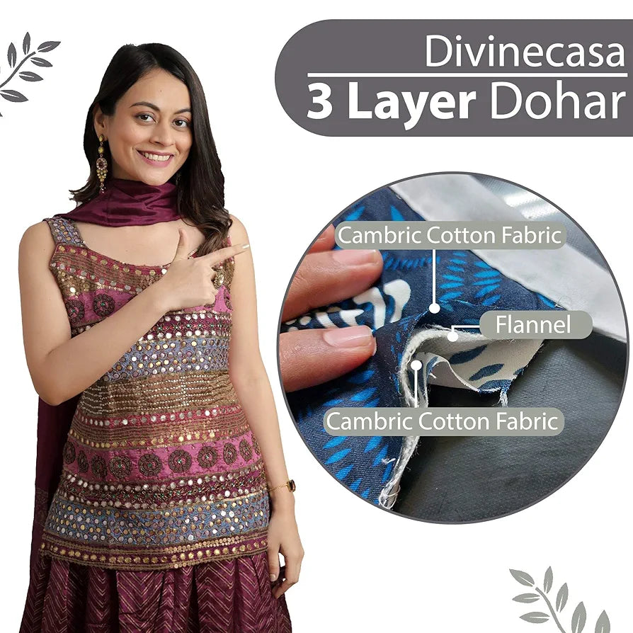 Divine Casa 120 GSM 100% Cotton Cambric 3 Layered Super Soft Jaipuri Razai Single Bed for Mild Winter Printed Reversible Dohar Colour Glacier Grey TC - 120