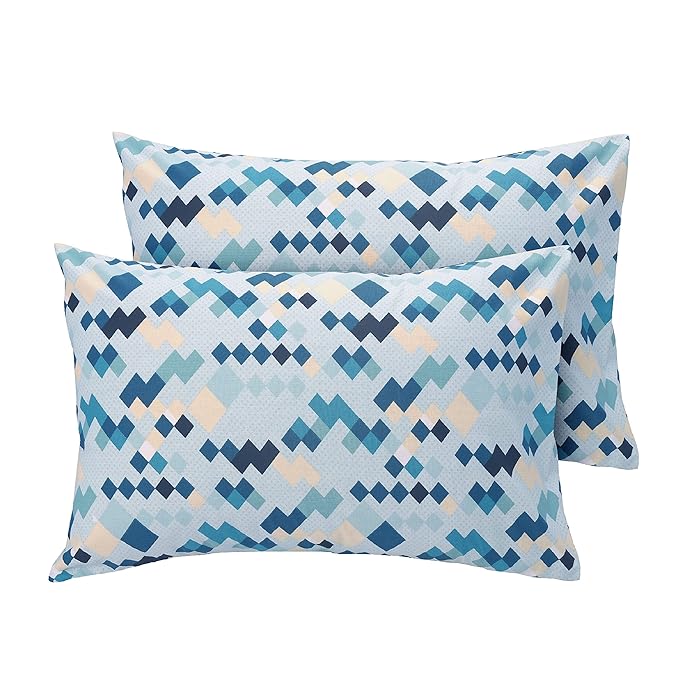 Huesland by Ahmedabad Cotton 186 TC King Size Bedsheet Cotton with 2 Pillow Covers | White, Blue & Beige