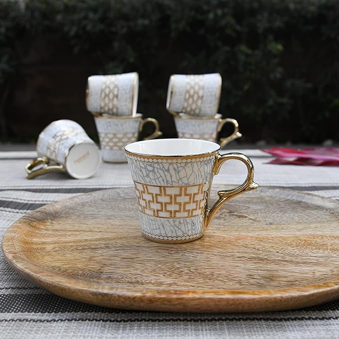 Femora Blue Craze Pattern on Golden Mugs, Ceramic Tea Cups, Coffee Mugs | 160 Ml | Golden | 6 Pcs Set | Not Microwave Safe