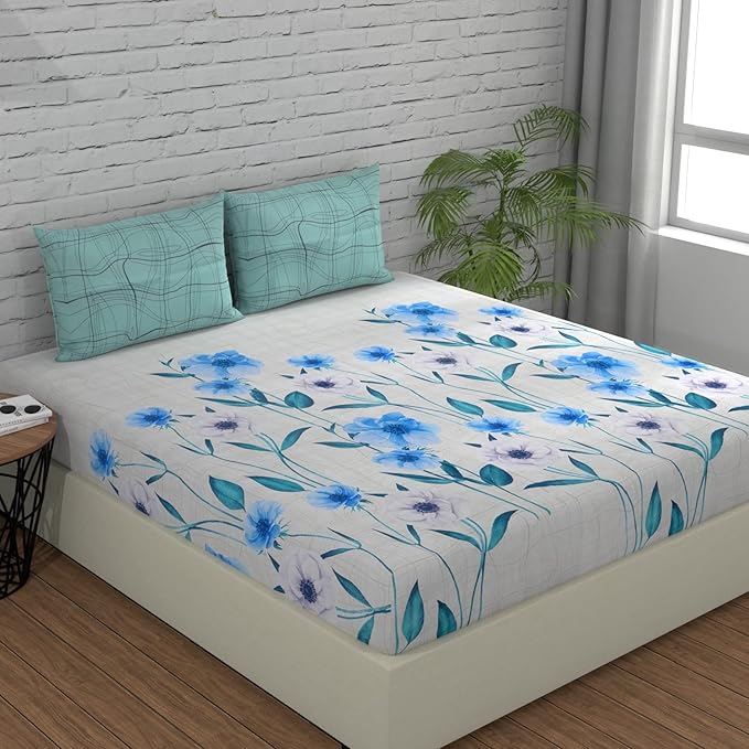 Huesland by Ahmedabad Cotton 144 TC Bedsheet for King Size Bed with 2 Pillow Covers | Tame Teal & Blue