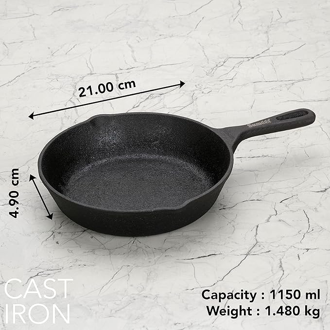 Sumeet Pre Seasoned Heavy Weight Cast Iron Frying Pan 21cm Weight 1.480Kg Black