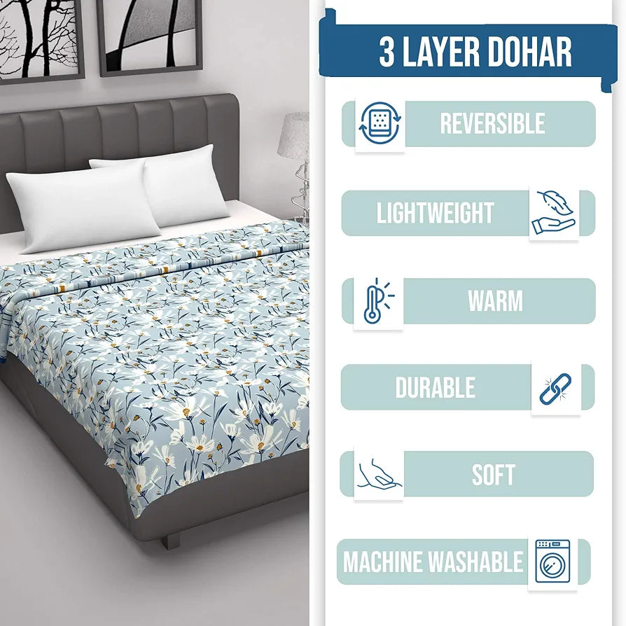 Divine Casa Floret 100% Cotton Double Dohar 120 GSM Soft & Lightweight Throw Blanket Colour Water Orchid