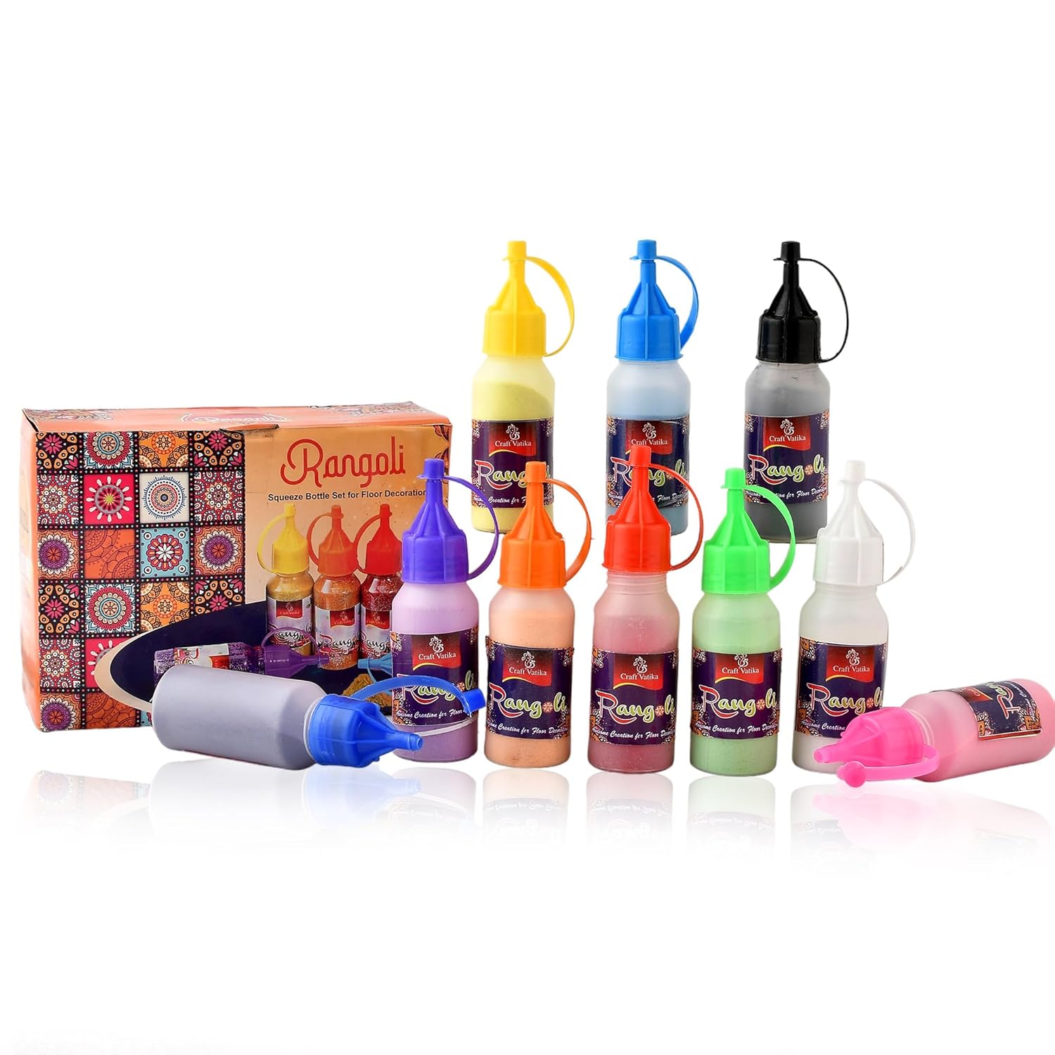 CraftVatika Rangoli Making Tools Kit Set of 10 Rangoli Powder Bottles Tubes with Nozzles