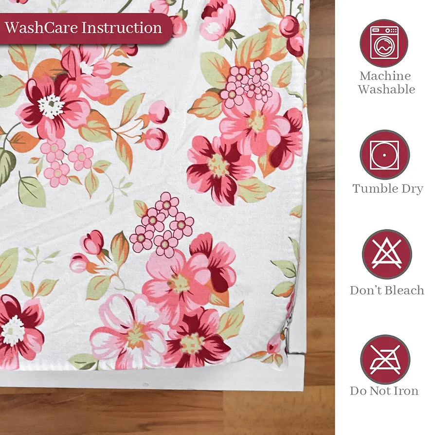 Divine Casa Floret 100% Cotton King Fitted Bedsheet 144 TC Deep Pocket Design Soft & Breathable Fabric Colour Rosy Retreat