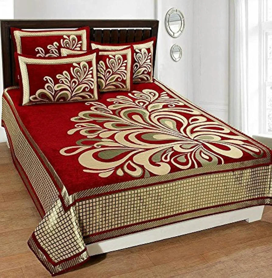 Fresh From Loom Chenille Velvet 500 TC Double Bed King Size Bedsheet with 2 Pillow Cover Rangoli Red