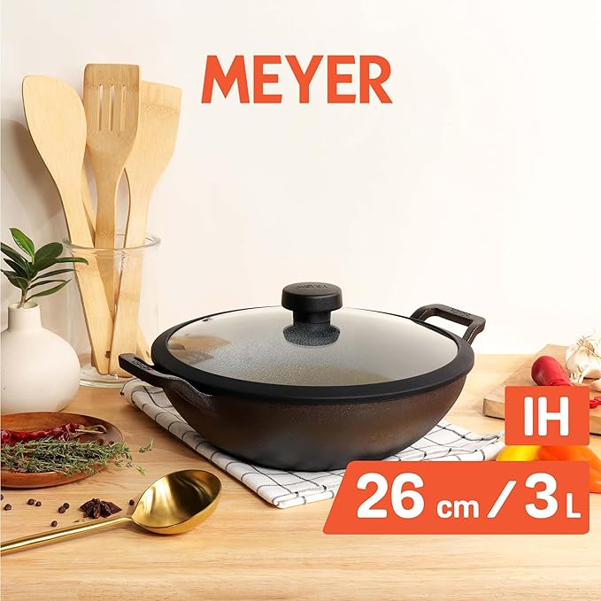 Meyer Pre Seasoned Cast Iron Kadai | Iron Kadhai with Lid 26cm/ 3 Liters Black