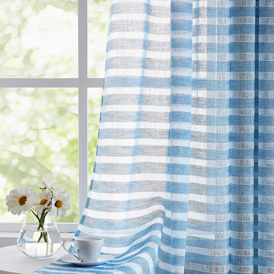 Urban Space Polyester Aari Collection Weaved Sheer Curtains for Window 5ft Long Light Filtering Curtains with Eyelets & TieBack,Set of 2 Decorative Curtains Horizontal Weaves Blue