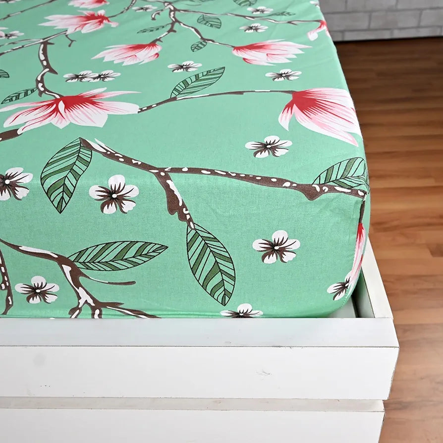 Divine Casa Floret 100% Cotton King Fitted Bedsheet 144 TC Deep Pocket Design Soft & Breathable Fabric Colour Blossom Haven Mint