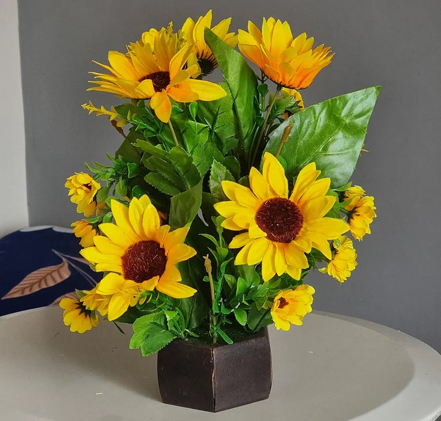 Wooden Pot with Multi-Design Dry Artificial Flowers Yellow