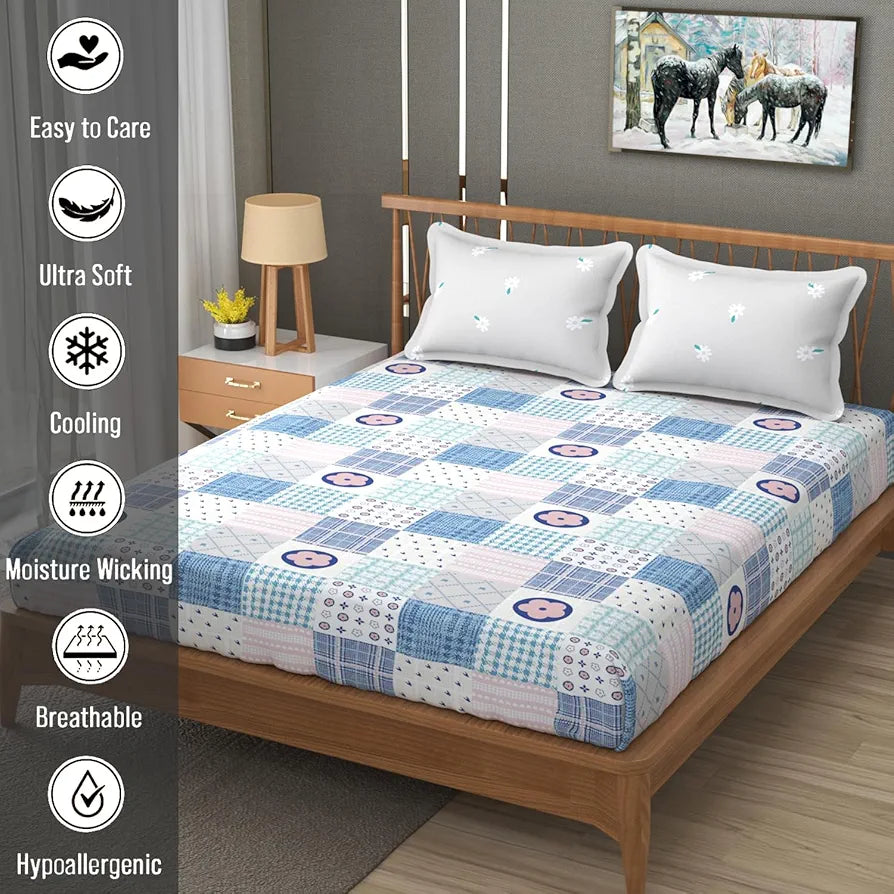 Fresh From Loom Microfiber Cotton Bedsheet for Double Bed with 2 Pillow Cover 240 TC King Size Soft Bed Sheet Patch Multi