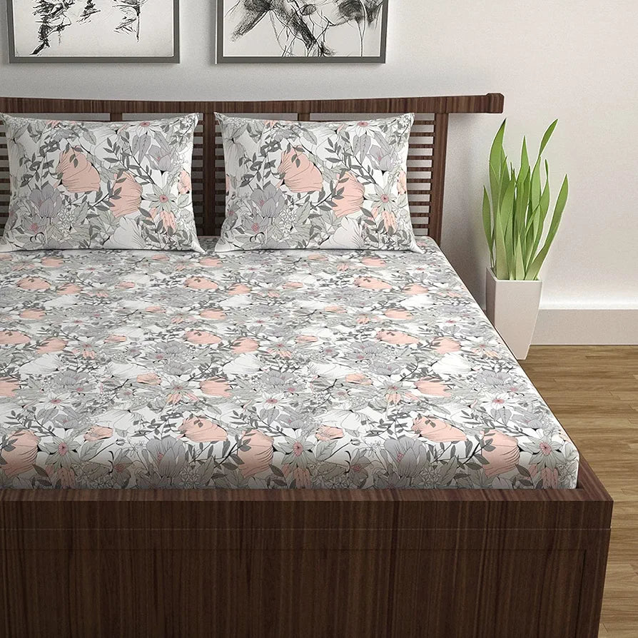 Divine Casa Double Size Bedsheet for Double Bed, 144 TC Pure Cotton Queen Size with 2 Pillow Covers Floral Colour Blush Grey