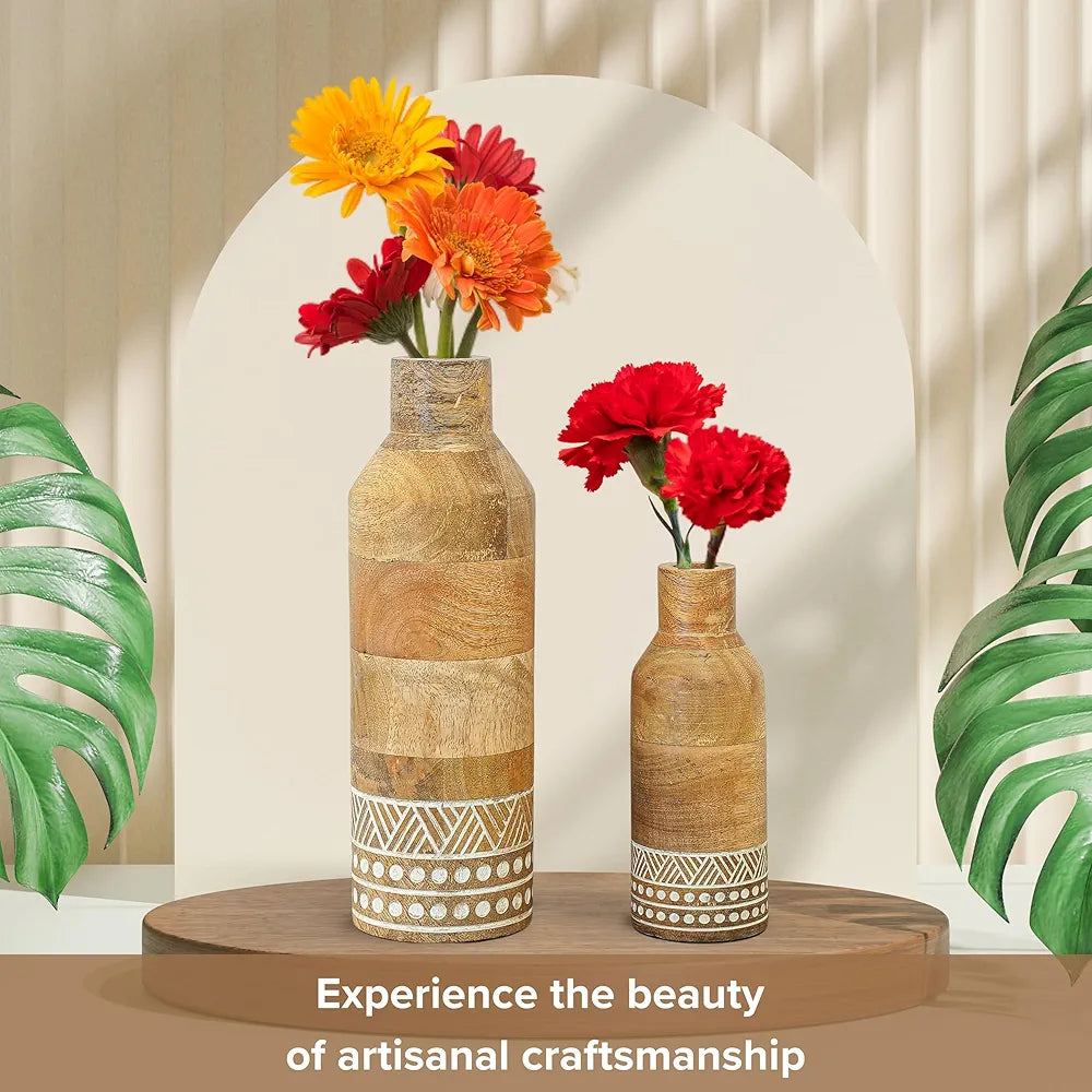 Behoma Boho Engraved Design Wooden Flower Vase Set of 2 Bottle Shape Natural Light Brown Finish Flowers not Included