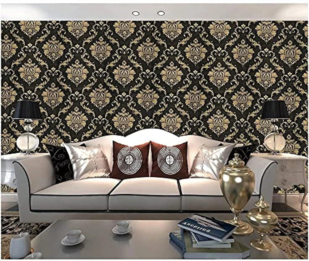 Jaamso Royals Black Color With Golden Damask Hall Wallpaper for Walls