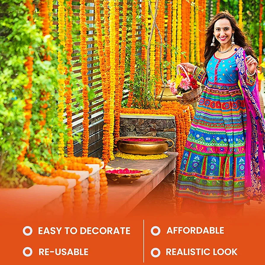 Artificial Genda Phool for Decoration Flowers Garland with Bell 5 Feet Long 10 Pcs with 2 Diya Yellow+Orange