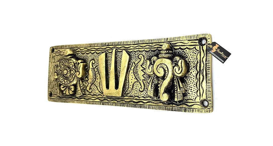 Two Moustaches Brass Shankh Chakra Namah Wall Hanging Antique White