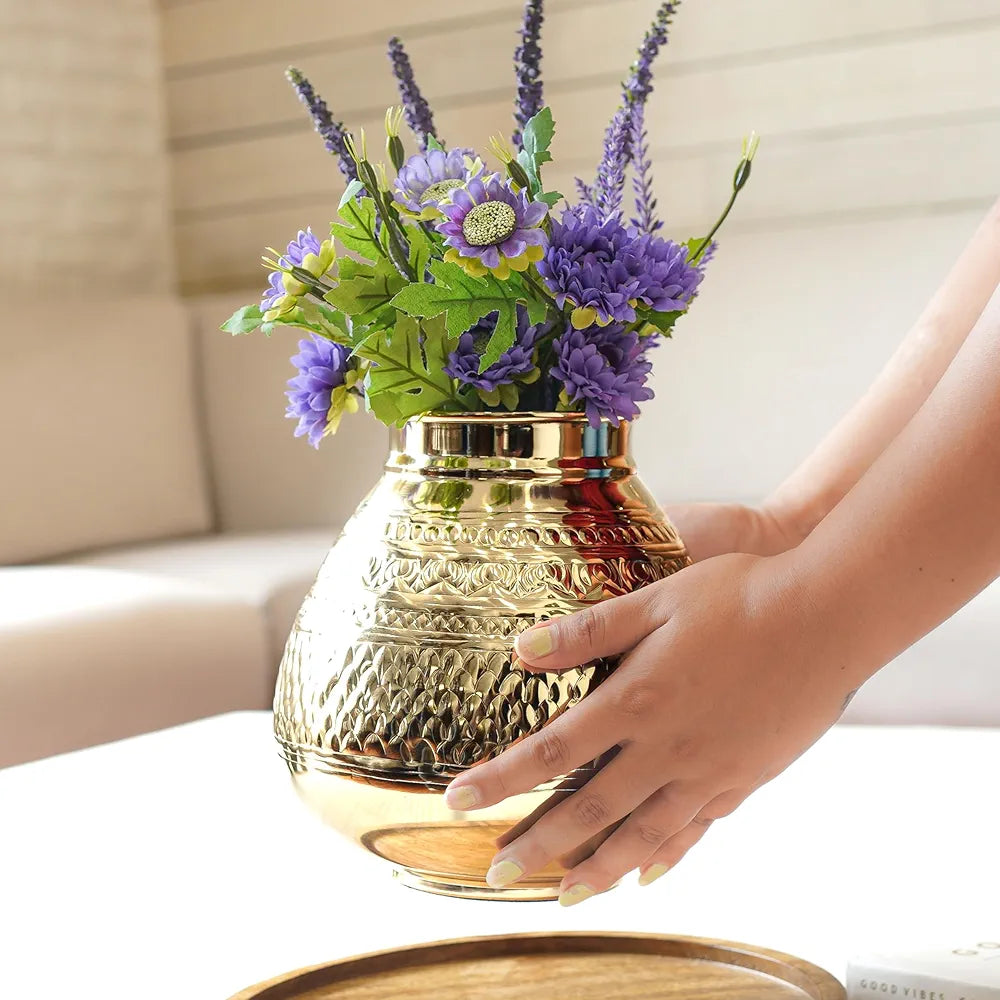 Behoma Matki Shape Metal Flower Vase Traditional Embossed Metal Flower Pot Golden Flowers not Included