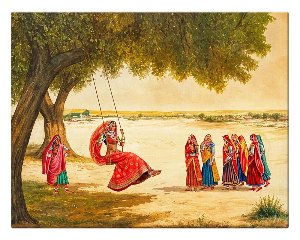 ArtX Paper Women on Swing Indian Village Scene AXDMD-0103-VIL Nature Wall Art Painting