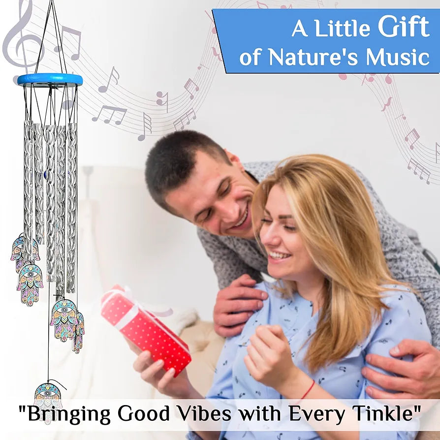 Wind Chimes for Balcony and Home 6 Hamsa Hand 5 Silver Pipe Wind Chime -014