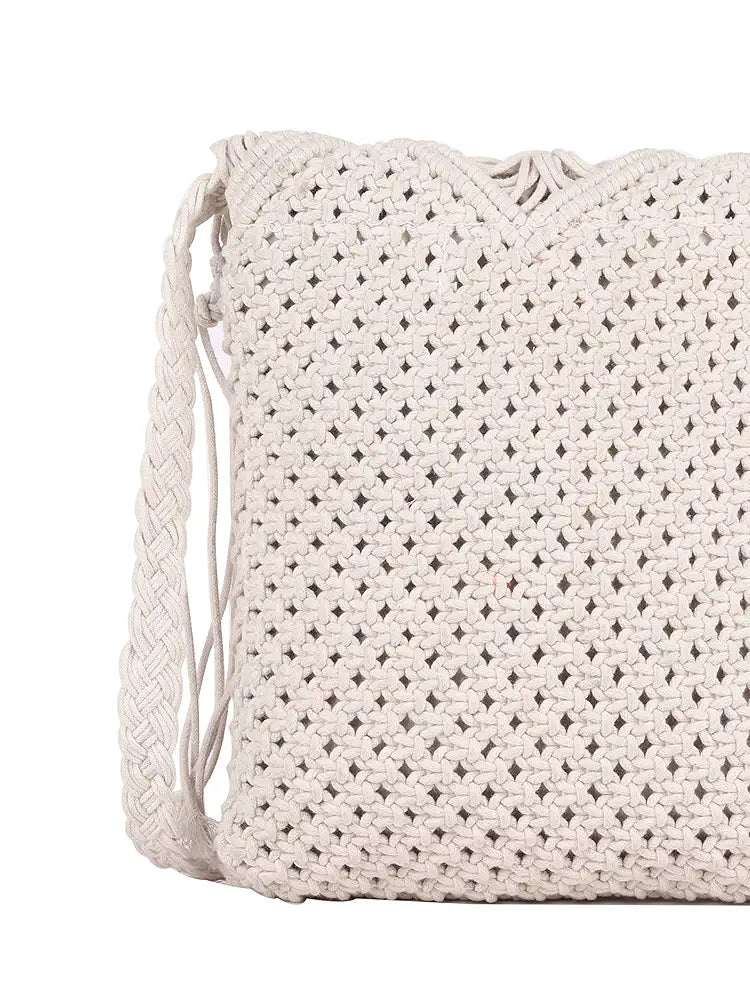 Astrid Handmade Macrame Flap Over Sling Bag For Girls And Women Colour Soothing White Purplish