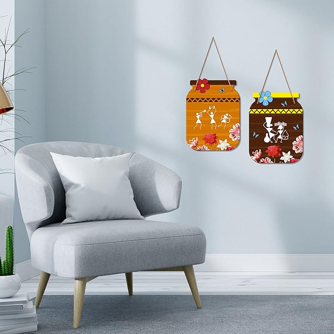 Artvibes Warli Art Decorative Wall Art Mdf Wooden Wall Hanger Ornaments for Living Room | Set of 2