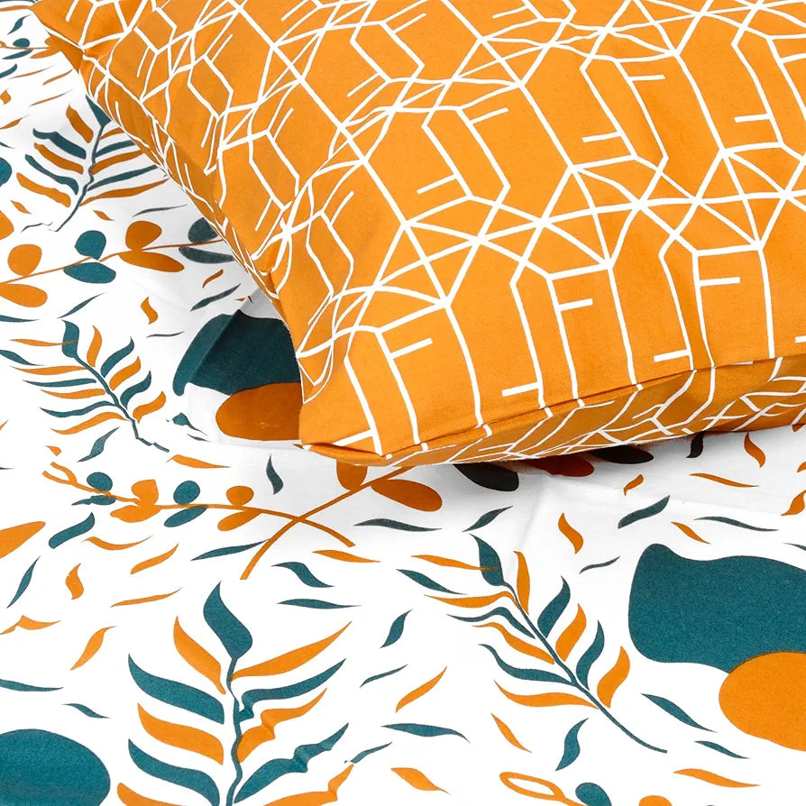 Divine Casa 144 TC Cotton Bedsheet for Double Bed with 2 Pillow Cover Colour Teal Mustard