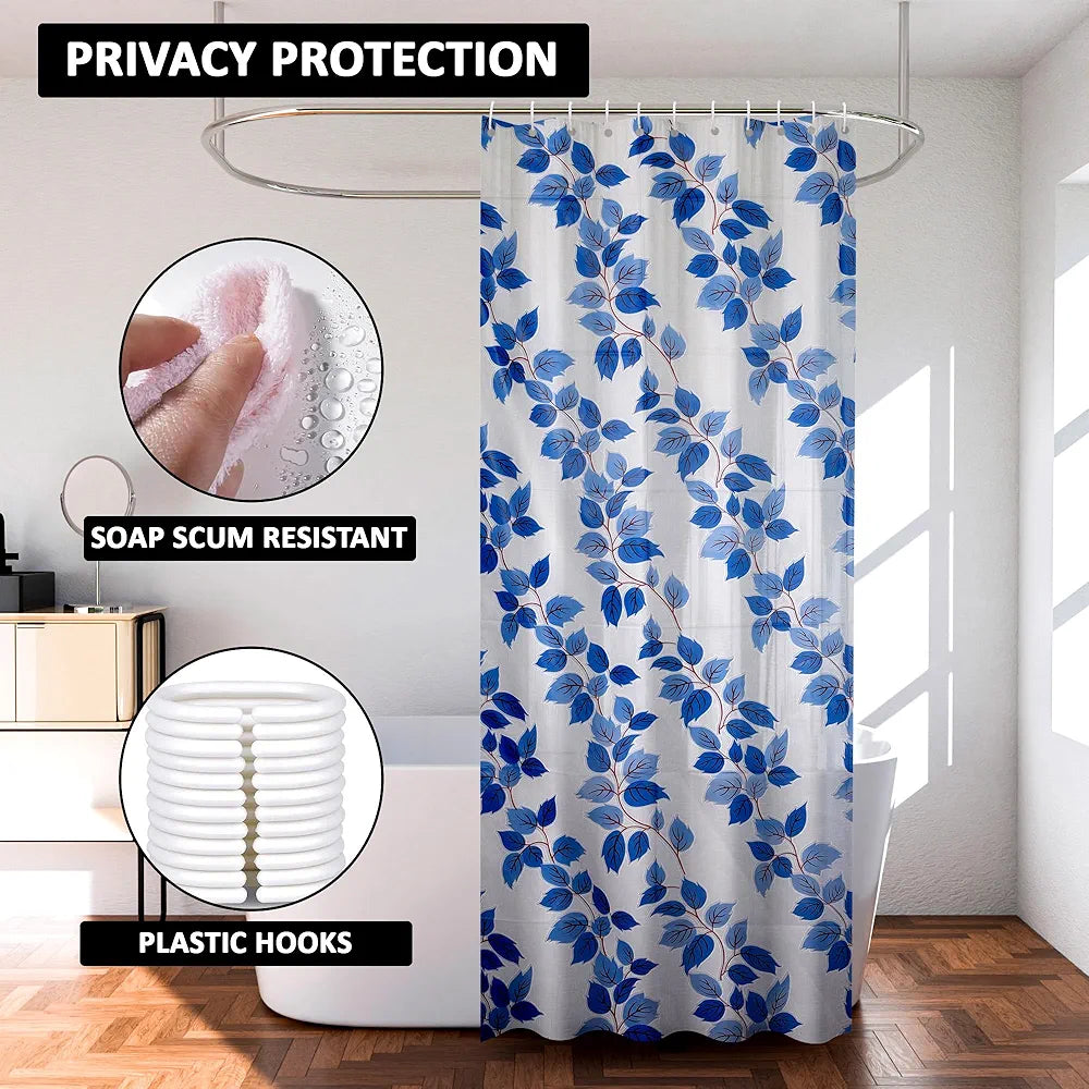 Kuber Industries Shower Curtain Bathroom Shower Curtain 8 Rings Curtain Leaf Print Blue