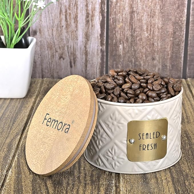 Femora Kitchen Storage Jars Tin Jar With Wooden Lid Air Tight Jar | 300 Ml | Pack of 2