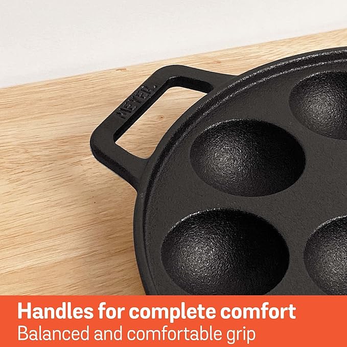 Meyer Pre Seasoned Cast Iron 12 Cavity Appam Patra 2 Side Handle 26cm (Black)
