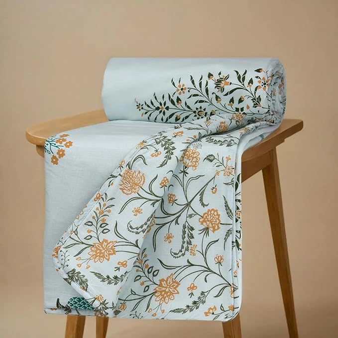 Huesland 100% Cotton Reversible Dohar Single Bed Cotton | Soft Cambric Weave, All Weather Light Ac Blanket | Botanical Fusion - Celest Blue, Green & Mustard