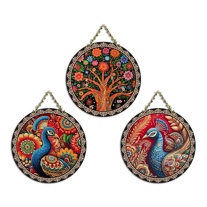 Artvibes Decorative Peacock Art Wooden Wall Hanging Decoration Items for Home | Set of 3