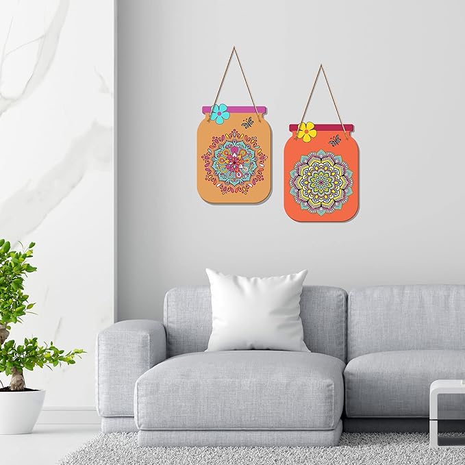 Artvibes Mandala Pattern Decorative Wall Art Mdf Wooden Wall Hanger for Living Room | Set of 2