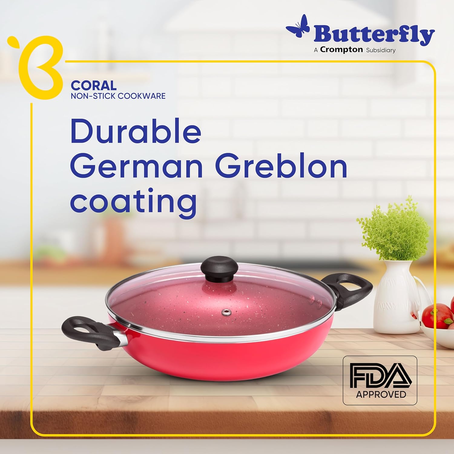 Butterfly Coral DLX Granite Non Stick Kadai with Glass Lid | Premium Virgin Aluminium | Induction Base