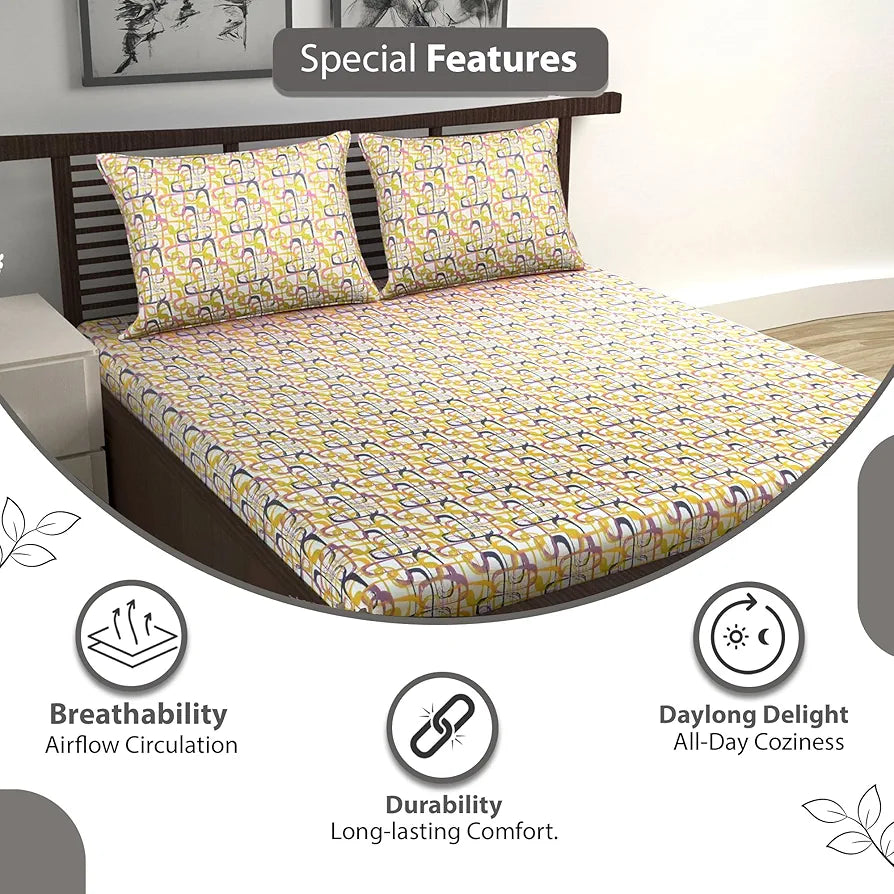 Divine Casa 144 TC Pure Cotton Double Size Bedsheet with 2 Pillow Covers Abstract Weave Colour Purple Yellow