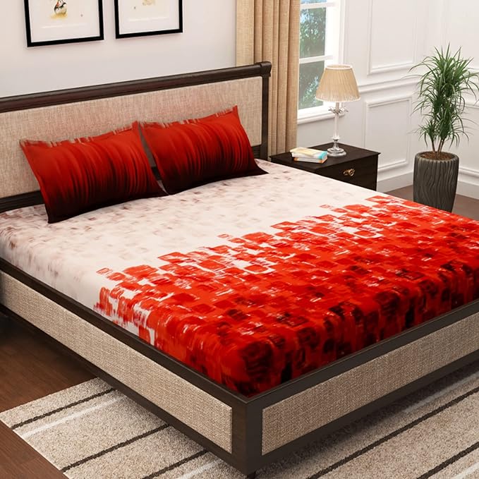 Story@Home Bedsheet for King Size Bed Colour Red Abstract 1 Piece Cotton bedsheet 2 Pillow Covers