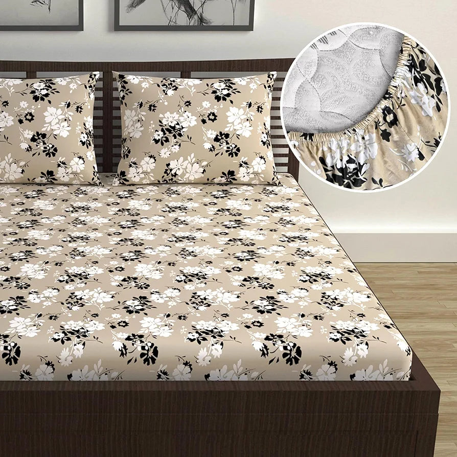 Divine Casa Floret 100% Cotton Double Fitted Bedsheet 144 TC Colour Ivory Sunflowers
