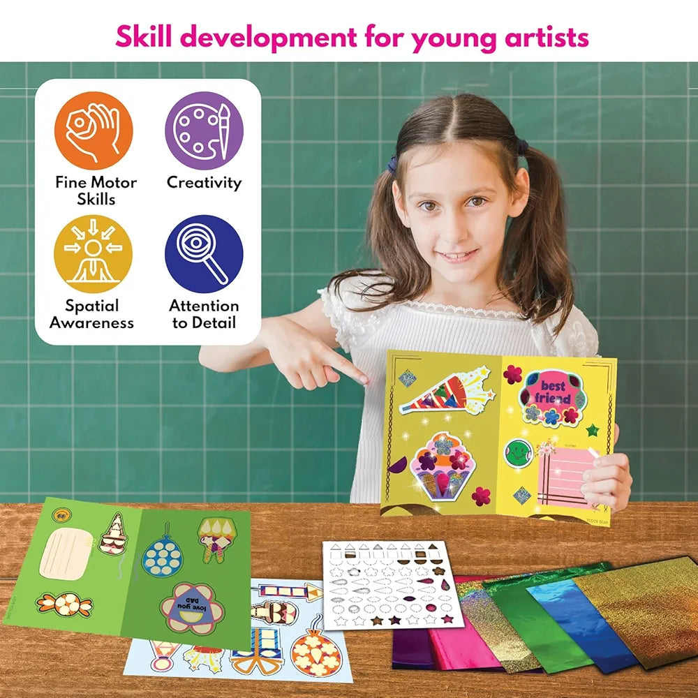 SparkLPlay Greeting Card Making Kit for Kids | DIY Craft Kit with 6 Cards, Foil Art & Stickers | Art & Craft Activity for Girls & Boys Ages 4-9 | Birthday Gift for Kids