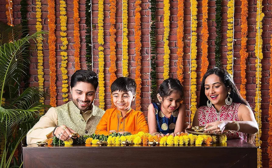 Artificial Marigold Flowers For Decoration Garland With Bell 5 Feet Long 5 Pcs With 1 Diya 5 Centimeters Yellow-Bell