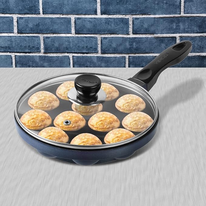 Vinod Zest Aluminium Non Stick Paniyarakal With Glass Lid - 12 Cavities, 20.5Cm | 3Mm Thick | 3 Layer Coating