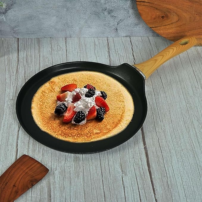 Femora Foged Die Cast Aluminium Non Stick 28 Cm Roti Tawa With Wood Finish Handle | Granite Finish | Induction & Gas Ready
