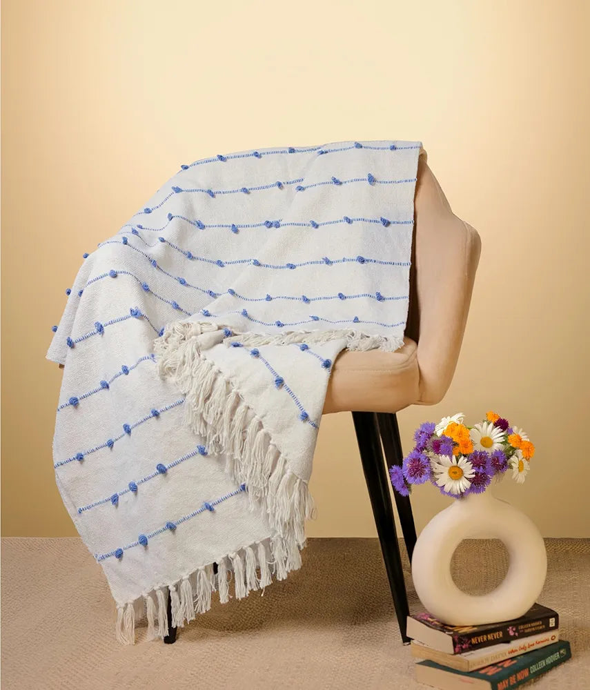 Sajavat Home Hand Knitted Pure Cotton Sofa Throw Colour Beige & Blue