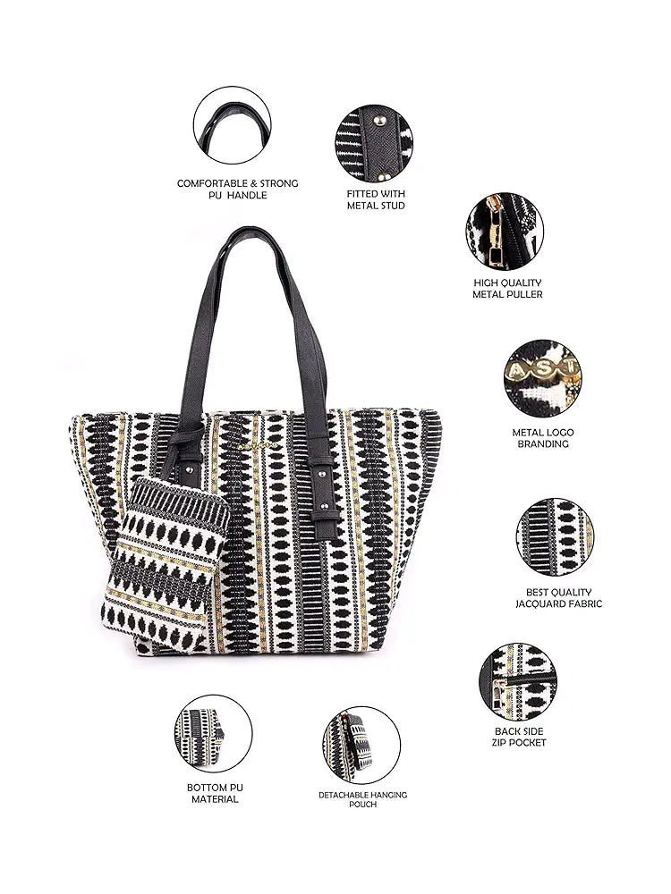 Astrid Cotton Textured Tote Bag With Coin Pouch Black