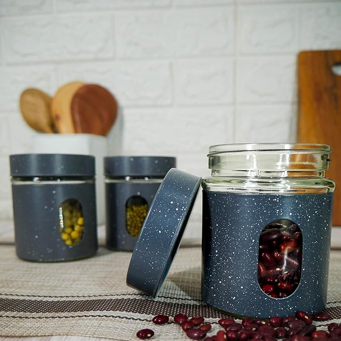 Femora Carbon Steel Jar for Kitchen Storage With Clear Glass Window and Carbon Steel Lid | 300 Ml | 3pc Set | Blue- Green