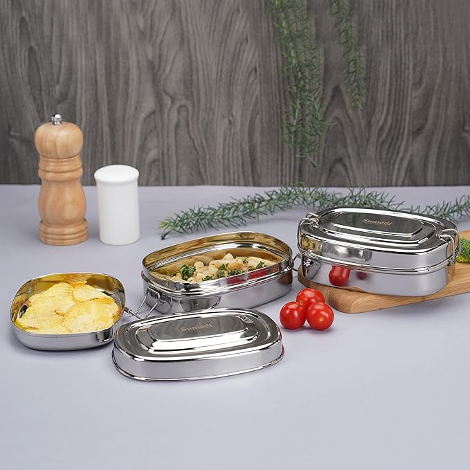 Sumeet Stainless Steel Rectangle Lunch Box/Tiffin  Set of 2 Pcs 650 ml Each Silver